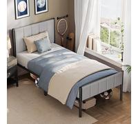 VASAGLE Cadre de Lit Double, 90 x 190 cm, avec Tête de Lit Rembourrée | Cadre de Lit Double, en Acier, Supporte Jusqu'à 250 kg, Montage Facile, Gris Tourterelle, Collection DUPON RMB971G01