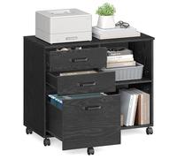 VASAGLE Caisson, Support d'Imprimante Bureau, avec 3 Tiroirs, Meuble de Rangement Mobile, Compartiments Ouverts, pour Format A4, Documents, Style Industriel, Noir Boisé OFC041B56