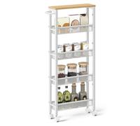 VASAGLE Chariot à roulettes fin à 5 niveaux - Chariot de rangement étroit avec poignée - 13 cm de profondeur - Cadre en métal - Pour cuisine, salle à manger, salon, bureau à domicile, chêne beige et