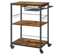VASAGLE Chariot de Cuisine avec Panier en Grillage et Crochets en S, Étagère de Cuisine à 3 Niveaux, Desserte Mobile, roulettes avec Freins, Marron Rustique et Noir d'encre KKS032K01