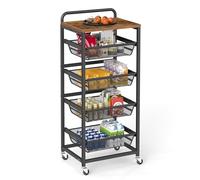 VASAGLE Chariot de Rangement à 5 Niveaux, avec Paniers Extractibles, Étagère de Cuisine avec roulettes, avec Poignée, 31,7 x 40 x 95 cm, Marron Rustique et Noir d'encre LRC041K01