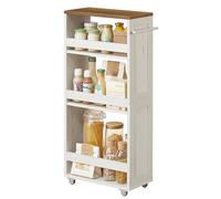 VASAGLE Chariot de Rangement Fin à 4 Niveaux, Étagère de Cuisine avec roulettes, Poignée, Petit Espace, 20 x 43,2 x 86,5 cm, Salle de Bain, Buanderie, Blanc Crème Rustique et Marron Miel LRC051K01