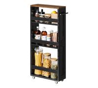 VASAGLE Chariot de Rangement Fin à 4 Niveaux, Étagère de Cuisine | Petit Espace, avec Roulettes, avec Poignée, 40 x 15 x 86,5 cm, Noir Boisé et Marron Rustique, Collection SIREN LRC050K02