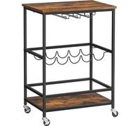 VASAGLE Chariot de service avec roues universelles, chariot de bar, avec étagères, porte-verres et porte-bouteilles, 60 x 40 x 75 cm, design industriel, vintage marron-noir