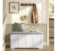 VASAGLE Coffre de Rangement avec Couvercle, 2 Charnières de Sécurité, Banc à Chaussures, Style Champêtre, pour Couloir, Chambre, Salon, 41 x 101 x 49 cm, Blanc Nuage et Gris Tourterelle LSB068W101