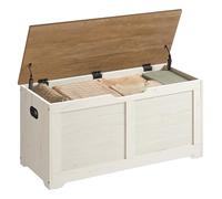 VASAGLE Coffre de Rangement, Banc à Chaussures, 100 x 40 x 46,4 cm | Avec 2 Charnières de Sécurité, Style Persienne, Blanc Rustique et Marron Miel, Collection SOFIE LSB061WJ01