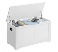 VASAGLE Coffre de Rangement, Banc à Chaussures, 100 x 40 x 46 cm | Avec 2 Charnières de Sécurité, Style Persienne, Blanc Nuage, Collection SOFIE LSB061T10