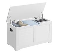 VASAGLE Coffre de Rangement, Banc à Chaussures, 80 x 40 x 46 cm | Avec 2 Charnières de Sécurité, Style Persienne, Blanc Nuage, Collection SOFIE LSB063T14