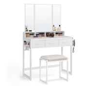 Coiffeuse Avec Tabouret, Miroir Triple, 3 Tiroirs, Porte-Sèche-Cheveux, Pot, Style Moderne, 90 X 40 X 141 Cm, Blanc Blanc