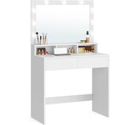 VASAGLE Coiffeuse avec éclairage LED, brillance réglable, 2 tiroirs + 3 compartiments ouverts, style moderne, blanc