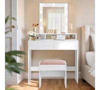VASAGLE Coiffeuse avec Éclairage LED, Tabouret en Velours | Table de Maquillage avec 2 Tiroirs et 3 Compartiments, pour Chambre, Blanc et Blanc Mat-Rose Bonbon