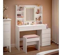 VASAGLE Coiffeuse avec LED, 3 Luminosités Réglables, Table de Maquillage avec Miroir, Tiroirs, Compartiments Ouverts, Tabouret, Étagères Réglables, Moderne, Blanc Nuage RDT624W01V1-01