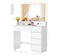 VASAGLE Coiffeuse avec Miroir Éclairé, 5 Tiroirs, 80 x 40 x 144,3 cm | Table de Maquillage, 9 Ampoules, 3 Couleurs de Lumière, Prises et Ports USB, Blanc, Collection KAILYN RDT246WB01