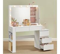 VASAGLE Coiffeuse avec Miroir et 10 Ampoules, 5 Tiroirs, 125 x 40 x 140 cm | Table de Maquillage, 10 Ampoules, Éclairage LED, Armoire à Bijoux, Multiprise, Blanc Nuage, Collection KAILYN RDT127W01