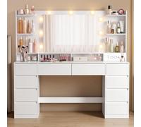 VASAGLE Coiffeuse avec Miroir et LED, 10 Tiroirs, Station de Charge | Table de Maquillage, 3 Modes d'Éclairage, 137 x 40 x 144,3 cm, Blanc nuage, Collection KAILYN RDT341WB01