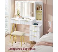 VASAGLE Coiffeuse avec Miroir et Tabouret, Table de Maquillage avec Tiroirs, Loupe 10x, Éclairage LED, Plateau à Bijoux Blanc