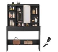 VASAGLE Coiffeuse avec Miroir LED, 3 Couleurs, Luminosité Réglable, Table de Maquillage avec Miroir, Grand, Étagère de Rangement Réglable, 2 Tiroirs, Style Moderne, Noir d'encre RDT123B01
