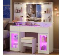 VASAGLE Coiffeuse avec Miroir LED et Éclairage RGB, Prises, Table de Maquillage avec Tabouret, Plateau en Verre, 107 x 40 x 144,5 cm, Blanc, Chambre, Collection Kailyn RDT145WB01-01