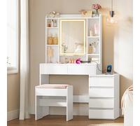 VASAGLE Coiffeuse avec Miroir LED, Luminosité Réglable, Multiprise, Table de Maquillage, 40 x 105 x 145 cm, Compartiments Ouverts, Étagères Réglables, Moderne, Blanc Nuage, Kailyn RDT144WB01