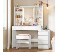 VASAGLE Coiffeuse avec Miroir LED, Luminosité Réglable, Multiprise, Table de Maquillage, 40 x 118,3 x 145 cm, Compartiments Ouverts, Étagères Réglables, Moderne, Blanc Nuage, Kailyn RDT644WB01