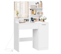 VASAGLE Coiffeuse avec Miroir LED, Multiprise, 2 Étagères réglables | Table de Maquillage, 1 Tiroir, Compartiment avec 2 étagères réglables, Blanc, CUSTOS Collection RDT138W01