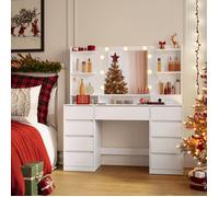 VASAGLE Coiffeuse avec Miroir LED, Multiprise, 9 Tiroirs, 9 Ampoules, Éclairage 3 Couleurs, Blanc