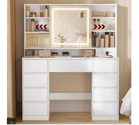 VASAGLE Coiffeuse avec Miroir LED, Multiprise, 9 Tiroirs, Loupe 10x, Éclairage 3 Couleurs, Installation des Rails sans Outils,