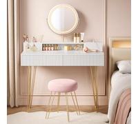 VASAGLE Coiffeuse avec Miroir Pivotant, Éclairage et Tabouret Rembourré | Multiprise, pour Chambre, 80 x 40 x 134,6 cm, Blanc Nuage et Doré Clair, Collection GIANA RVT019W01