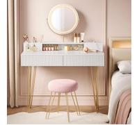 VASAGLE Coiffeuse avec Miroir Pivotant et Taboutret, avec Éclairage et Multiprise, 40 x 100 x 134,8 cm, Blanc mat et Doré Clair