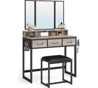 VASAGLE Coiffeuse avec miroir rabattable en 3 parties, support pour sèche-cheveux, table de maquillage avec tabouret rembourré, 3 tiroirs, design industriel, gris et