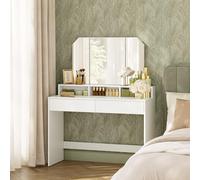 VASAGLE Coiffeuse avec Miroir Triptyque, 2 Tiroirs, 3 Compartiments | Vanity Maquillage, 100 x 40 x 140 cm, Miroir Pliable, Meuble Chambre, Blanc Nuage, Collection KAILYN RDT115W01