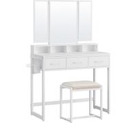 VASAGLE Coiffeuse avec tabouret rembourré, coiffeuse avec miroir triple, 3 tiroirs, support pour sèche-cheveux, table de maquillage, style moderne, blanc