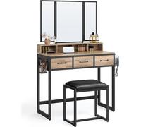 VASAGLE Coiffeuse avec tabouret rembourré, coiffeuse avec miroir triple, 3 tiroirs, support pour sèche-cheveux, table de maquillage, style industriel