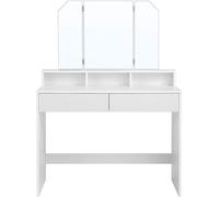 VASAGLE Coiffeuse, Coiffeuse avec miroir rabattable et 2 tiroirs, Coiffeuse avec 3 compartiments ouverts, Coiffeuse, pour le maquillage, moderne, blanche