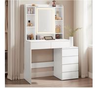 VASAGLE Coiffeuse, Grand Miroir LED à Luminosité Réglable, Compartiments Ouverts, Table de Maquillage, Étagères Réglables, Blanc