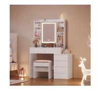 VASAGLE Coiffeuse, Grand Miroir LED à Luminosité Réglable, Compartiments Ouverts, Tabouret, Étagères Réglables, Blanc