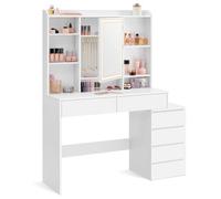 VASAGLE Coiffeuse, Grand Miroir LED à Luminosité Réglable, Table de Maquillage, Compartiments Ouverts, Étagères Réglables, Blanc