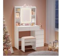 VASAGLE Coiffeuse, Grand Miroir LED à Luminosité Réglable, Compartiments Ouverts, Tabouret, Étagères Réglables, Blanc