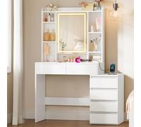 VASAGLE Coiffeuse, Miroir LED à Luminosité Réglable, 105 x 40 x 145 cm | Table de Maquillage Moderne, Compartiments Ouverts, Étagères Réglables, Blanc Nuage, Collection KAILYN RDT144WB01