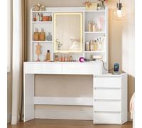 VASAGLE Coiffeuse, Miroir LED à Luminosité Réglable, 124,7 x 40 x 145 cm | Table de Maquillage Moderne, Compartiments Ouverts, Étagères Réglables, Blanc Nuage, Collection KAILYN RDT644WB01