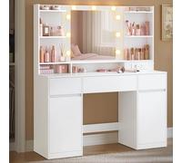 VASAGLE Coiffeuse Miroir LED, Montage des Rails sans Outils, Multiprise | 3 Tiroirs, 2 Placards, Miroir LED, Multiprise, Éclairage 3 Couleurs, Blanc Nuage, Collection KAILYN RDT142WB02