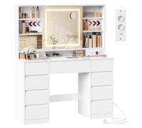VASAGLE Coiffeuse Miroir LED, Montage des Rails sans Outils, Multiprise | 9 Tiroirs, Miroir LED, Multiprise, Éclairage 3 Couleurs, Blanc Nuage, Collection KAILYN RDT137W01