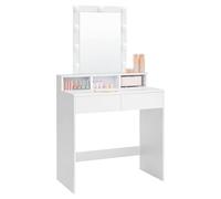 VASAGLE Coiffeuse moderne avec miroir et éclairage, 2 tiroirs et 3 compartiments ouverts, Blanc