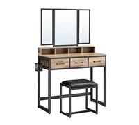 VASAGLE Coiffeuse, Table de Maquillage avec Tabouret Rembourré, avec Miroir Triple, 3 Tiroirs, Porte-sèche-Cheveux, Pot, Style Industriel, Marron Boisé et Noir RVT004B50