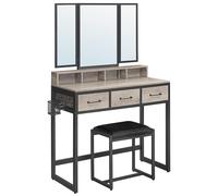 VASAGLE Coiffeuse, Table de Maquillage avec Tabouret Rembourré, avec Miroir Triple, 3 Tiroirs, Porte-sèche-cheveux, Pot, Style Industriel, Grège et Noir RVT004B02
