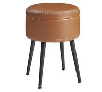 VASAGLE Collection EKHO -Pouf de Rangement, Tabouret de Coiffeuse, PU avec Coutures, Moderne Mi-siècle, Tabouret de Rangement Rond avec Pieds en Acier, Capacité 150 kg, Marron Caramel LOM005KN08