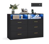 VASAGLE Commode avec Éclairage LED et Multiprise Intégrée, 6 Tiroirs | Armoire de Rangement Moderne, 40 x 119 x 81,2 cm, pour Salon, Chambre, Noir D'Encre, Collection CUSTOS LTS316BC01