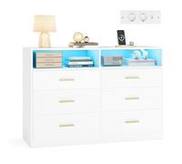 VASAGLE Custos Collection - Commode avec Éclairage LED et Multiprise Intégrée, Armoire de Rangement Moderne, pour Salon, Chambre, 6 Tiroirs, 40 x 119 x 81,2 cm, Blanc Nuage LTS316WB01