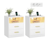 VASAGLE Custos Collection - Lot de 2, Tables de Chevet avec Multiprise, LED, Tables d’Appoint avec Tiroirs, Compartiment Ouvert, 2 Prises CA, Ports USB, Blanc Nuage LET829WB01