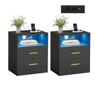 VASAGLE Custos Collection - Lot de 2, Tables de Chevet avec Multiprise, LED, Tables d’Appoint avec Tiroirs, Compartiment Ouvert, 2 Prises CA, Ports USB, Noir d'encre LET829BC01